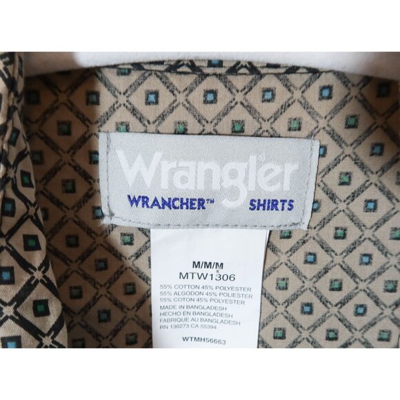 WRANGLER Pearl Snap Western Wrancher Shirt Size M Tan Blue Print Cotton Blend - Picture 7 of 7